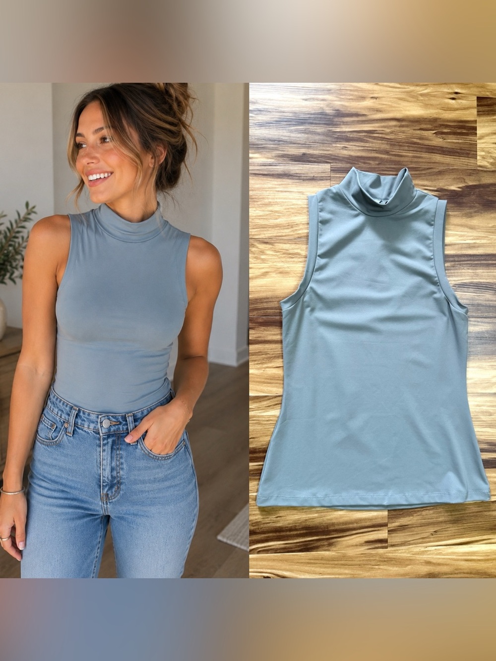 Susana Monaco Sleeveless Mock Neck Tank in Light Dusty Blue
